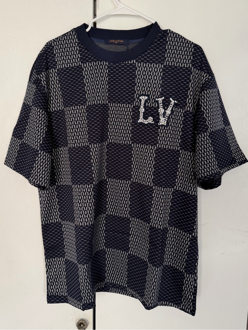 Louis Vuitton Navy & Gray Checkerboard LV Patch Short Sleeve Tee